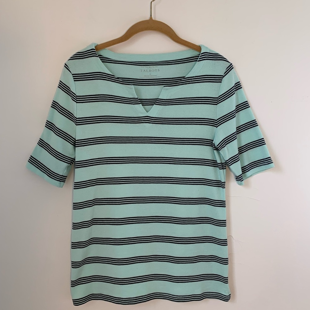 The Talbots Tee Notch Neck Mint Green Cotton Striped Top Medium